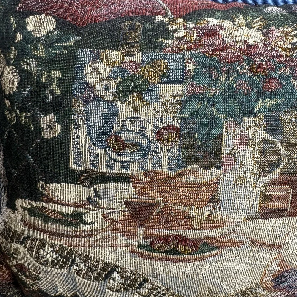 Vintage Floral Tapestry Lumbar Throw Pillow Blue Velvet Back 24x12